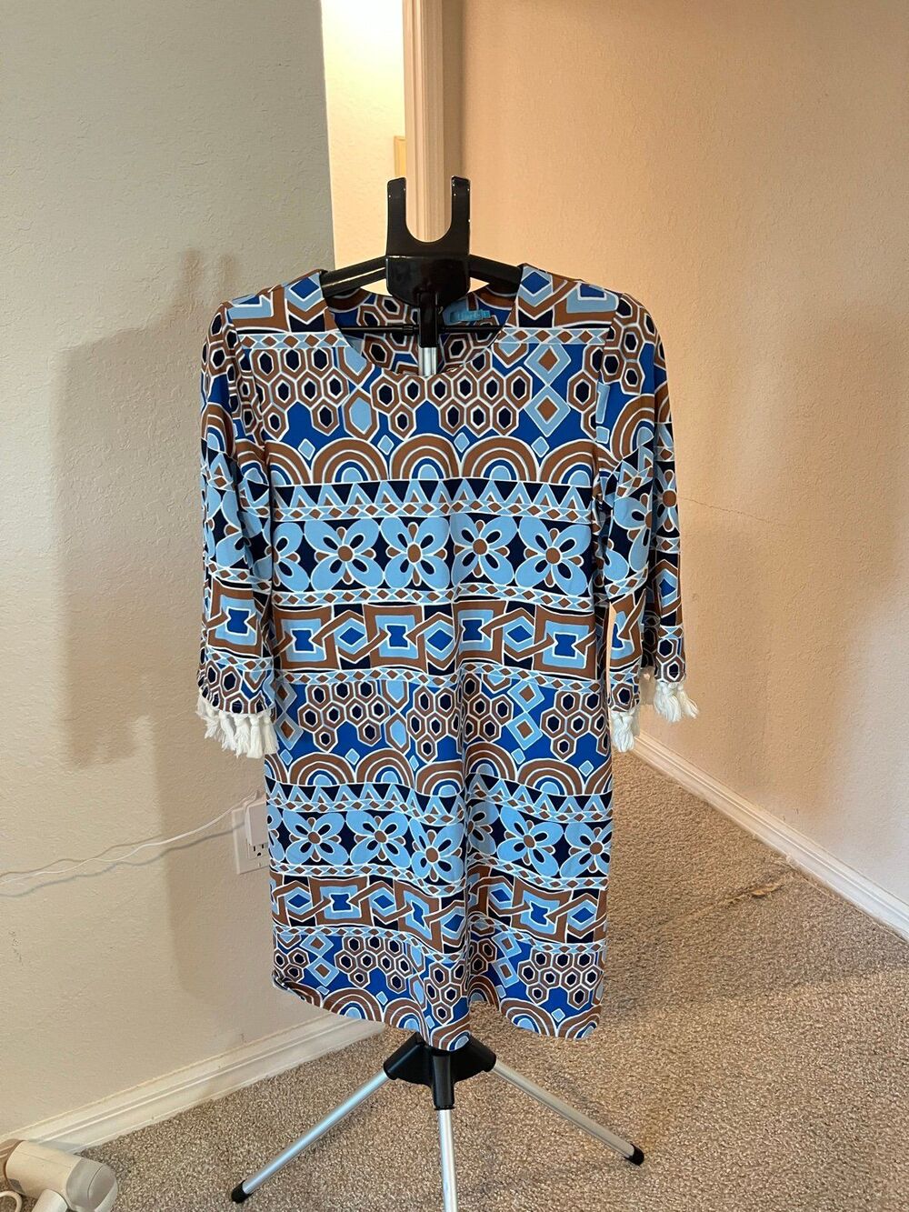J. McLaughlin Blue & Brown Geometric 3/4 Sleeve Shift Dress with Tassels Size L